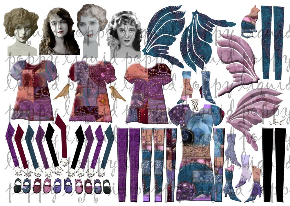 Collage Sheet No 220  Paper Doll Beaded Altered Art for Scrapbooking and ACEO work..jpegs, pdfs  or pngs