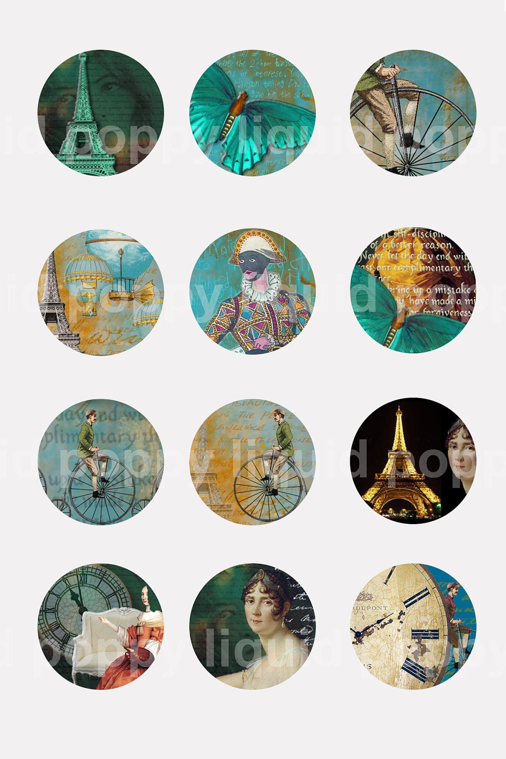 Paris France  Collage Sheet 1 inch circles on 4x6 sheet emailed to you No 236