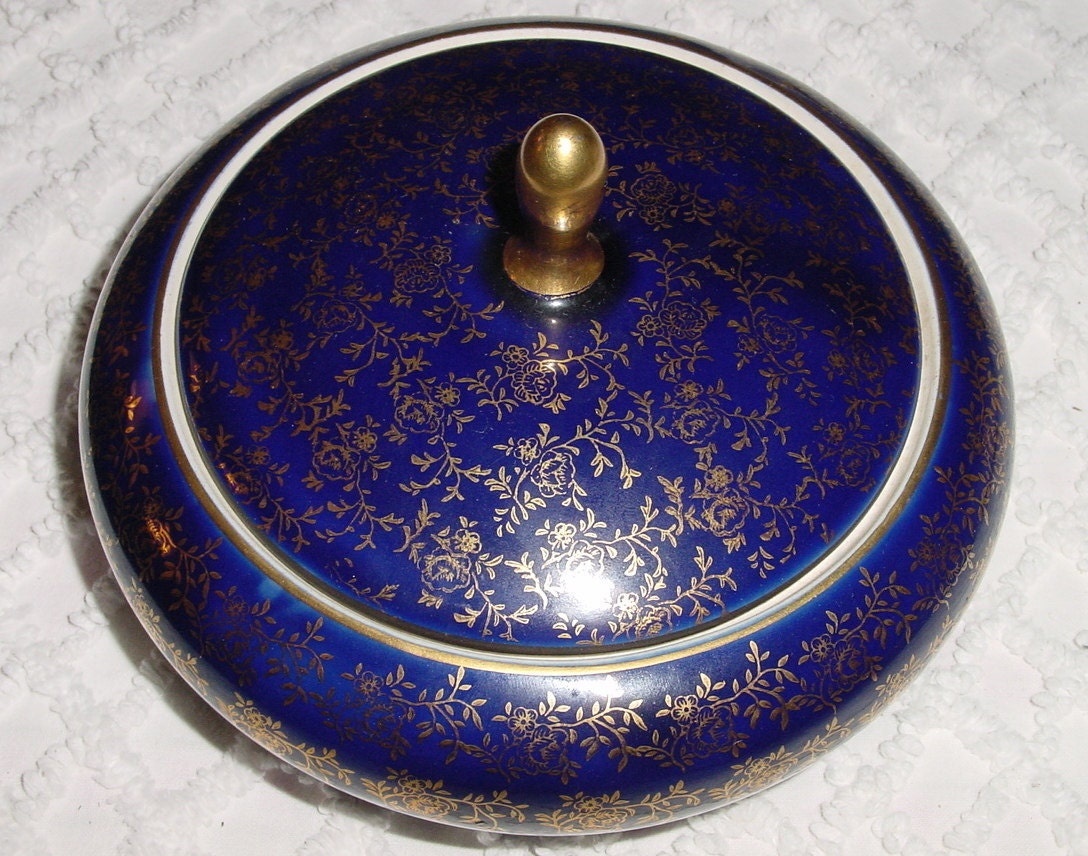 Vintage Cobalt Blue and Gilded Gold Limoges Style Porcelain Covered Candy Dish or Vanity Box or Lidded Jewelry Holder