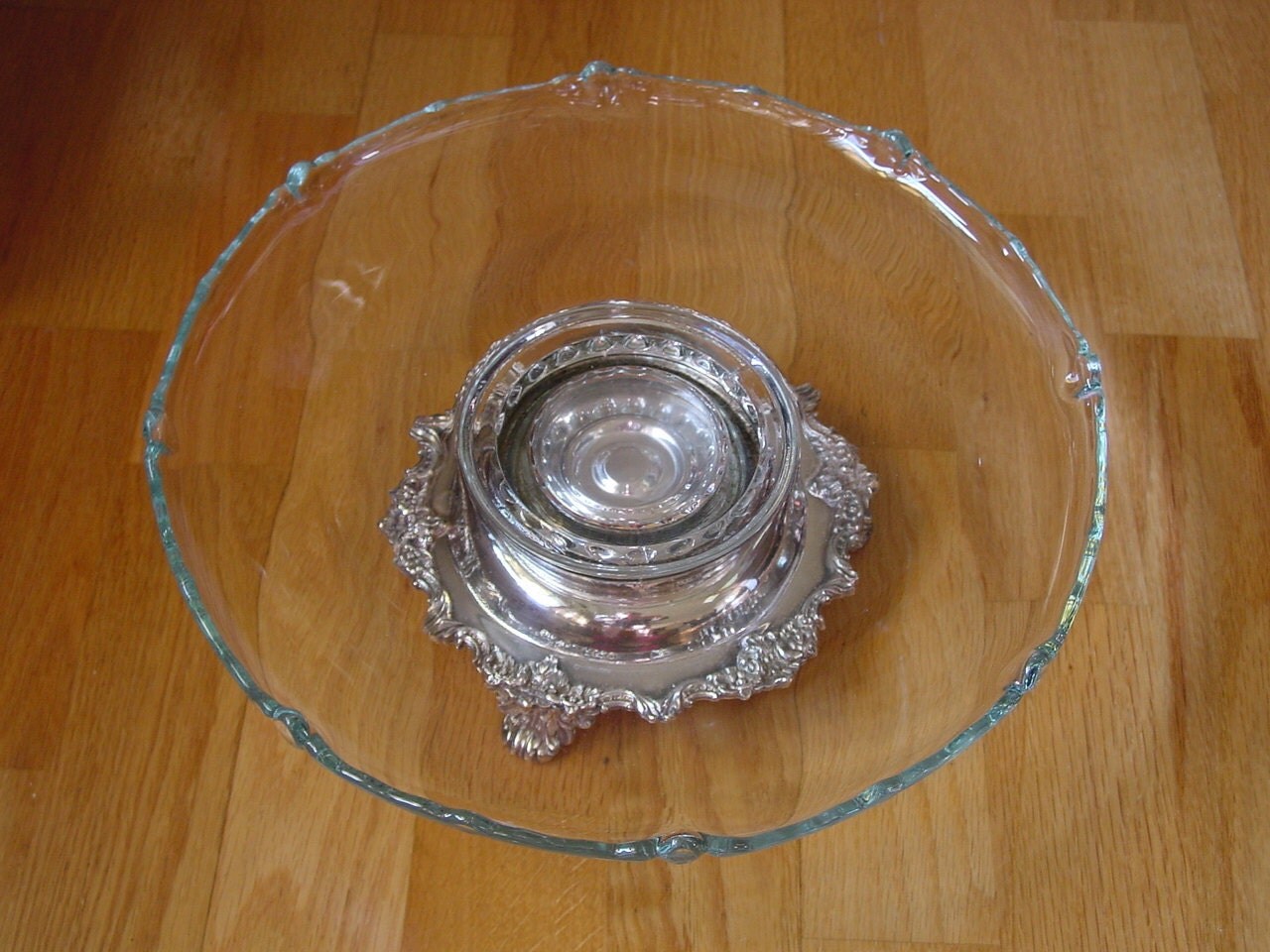 Antique English Signed Pedestal Silverplated Beaded Glass Lazy Susan Platter, Pastry Tray, Vintage Cake Plate or Fruit Dish