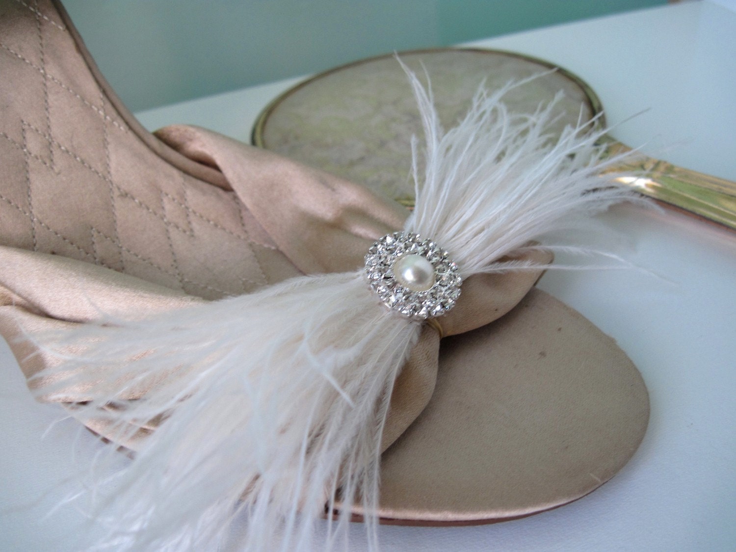 Featured in Martha Stewart Weddings-Feathers&Frills "Bow" rhinestone/pearl and ostrich feather Shoe Adornments- custom made to order
