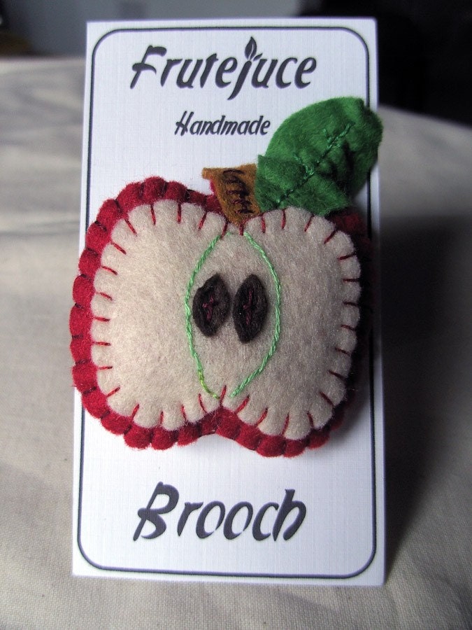 Red Apple Brooch, hand embroidered felt, embroidered