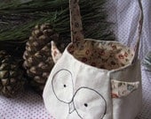 Owl Bag, printed cotton lining and ear feathers, freemotion sewn features, purse