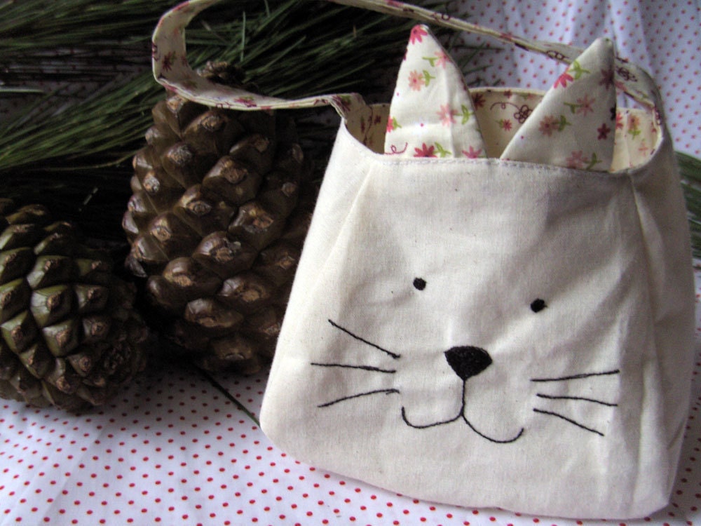 Kitty Cat Bag, printed cotton lining and ears, freemotion sewn features, purse