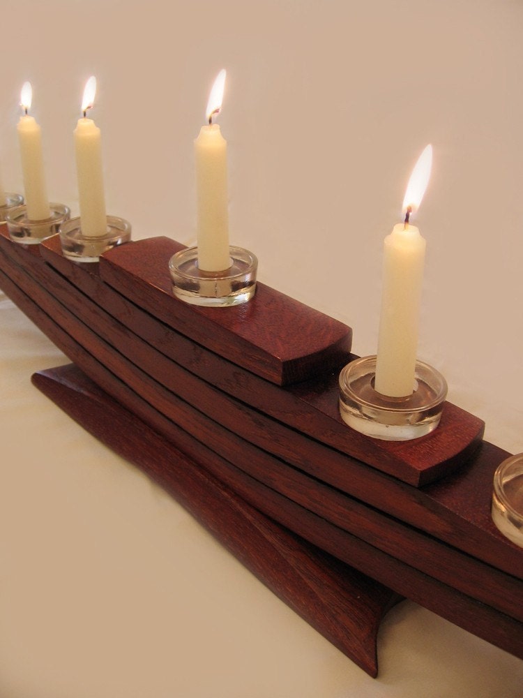 Il Veliero, Green Candelabrum, Eco friendly Menorah, recycled oak wine barrel staves candleholder, nine glass holders and candles