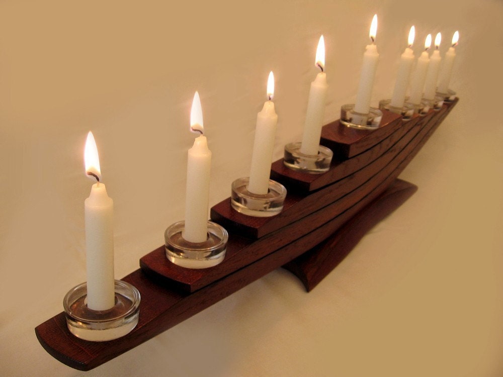 Il Veliero, Green Candelabrum, Eco friendly Menorah, recycled oak wine barrel staves candleholder, nine glass holders and candles