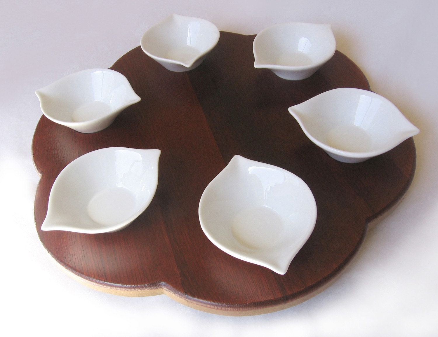 Rondo, Seder plate recycled oak wine barrel head, 6 bowls white ceramic. LIMITED EDITION Only ONE left