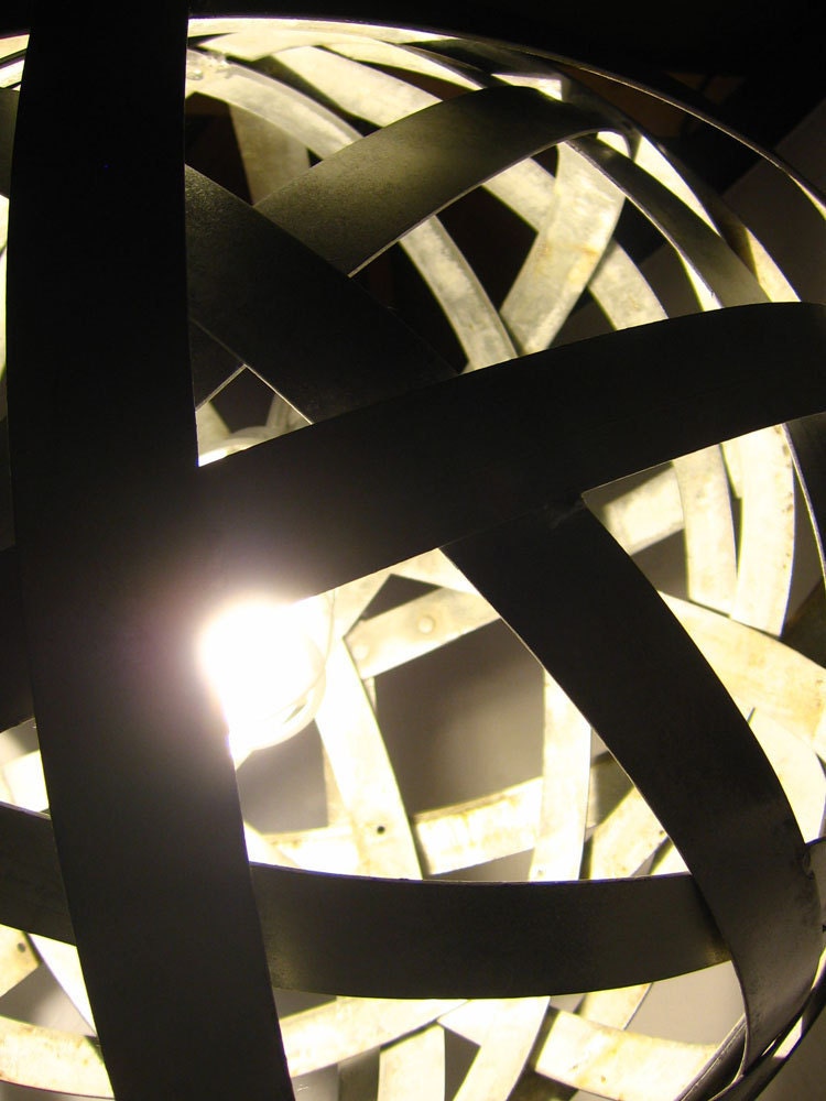 Orbits, urban chandelier, recycled wine barrel metal hoops, galvanized steel bands, ceiling light fixture