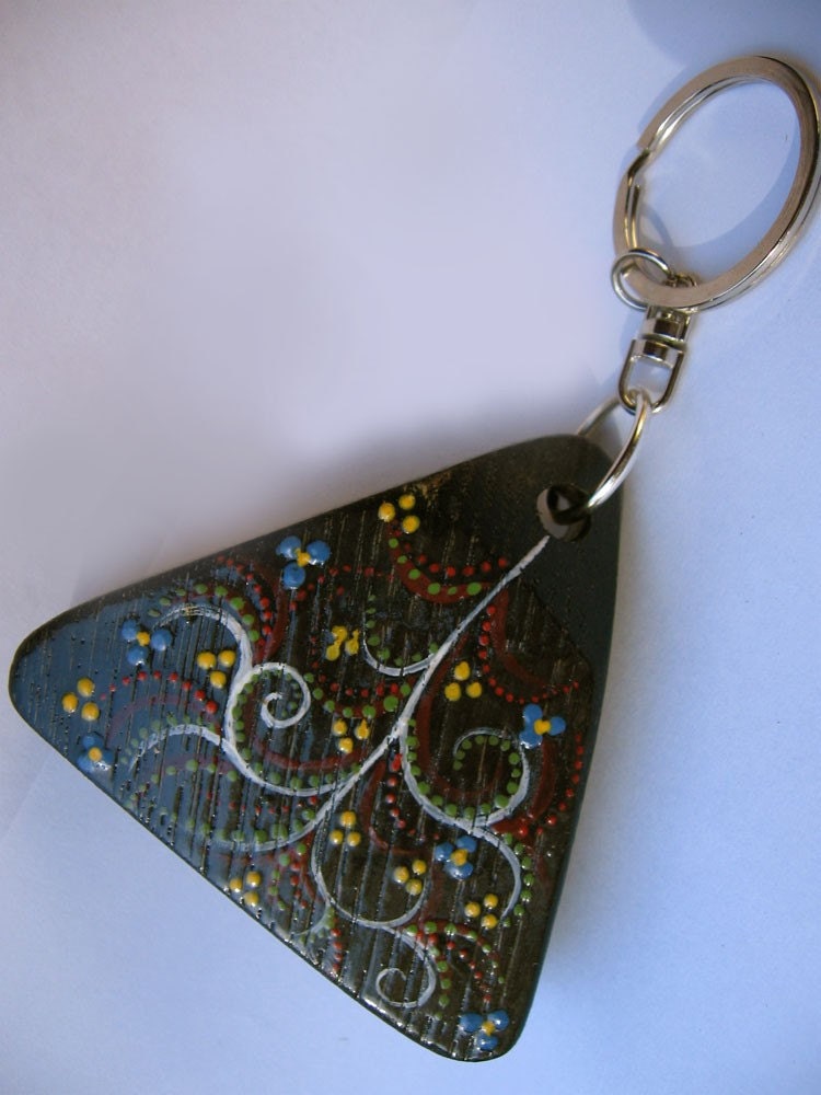 Green Bits keychain, Alhambra, recycled reclaimed oak wine barrel stave, hand painted, one of a kind