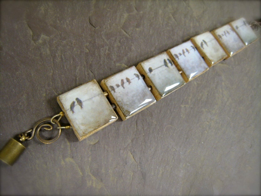 Scrabble Tile Bracelet - Hand Painted PRINTS - Birds on a Wire - Antique Brass