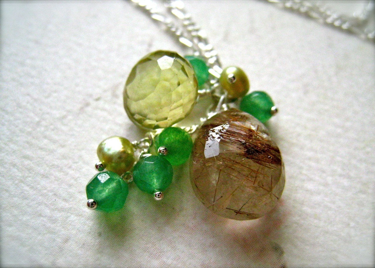juicy pear necklace - rutilated quartz gemstone necklace, silver, cluster, handmade jewelry, summer fashion