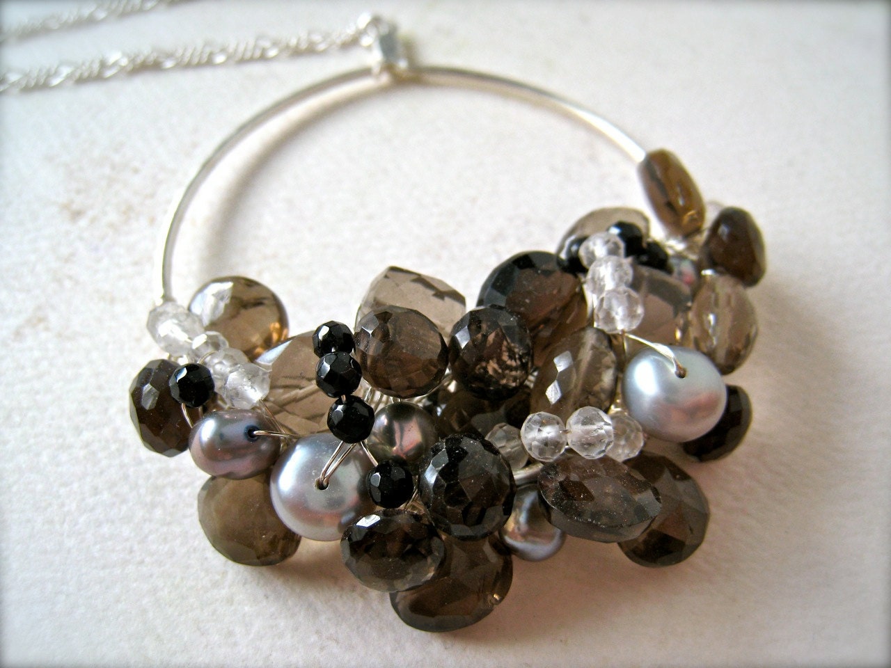 smoke on the water cluster necklace - circle, smokey quartz gemstone cluster, wire wrapped, sterling silver, one of a kind, handmade jewelr