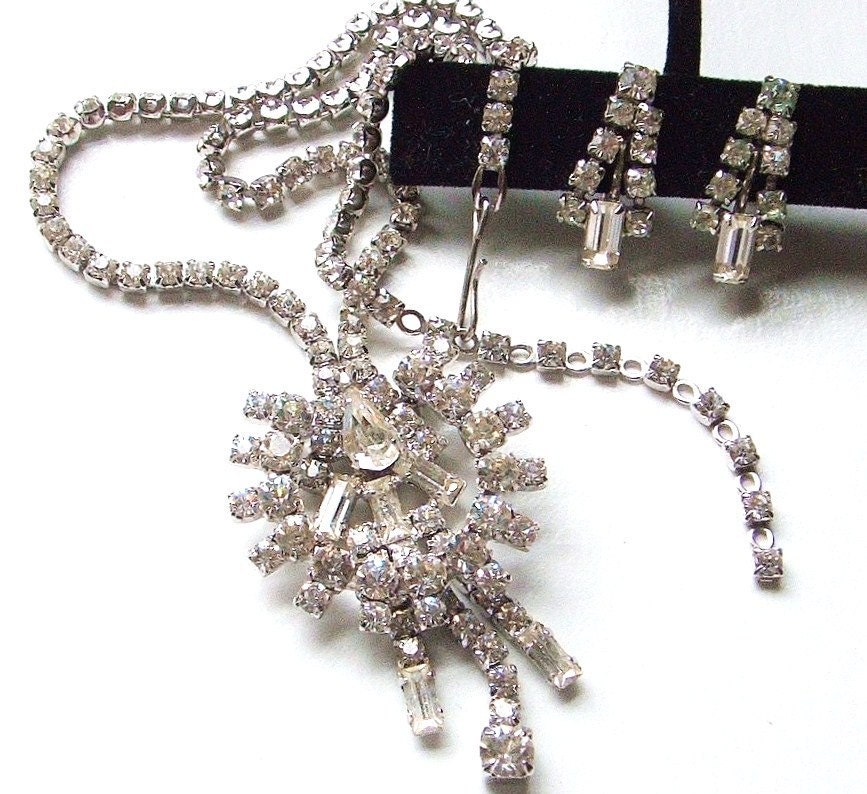 Vintage 50s Necklace Earrings Set / Rhinestone Bling / Changeable Pendant / Sterling