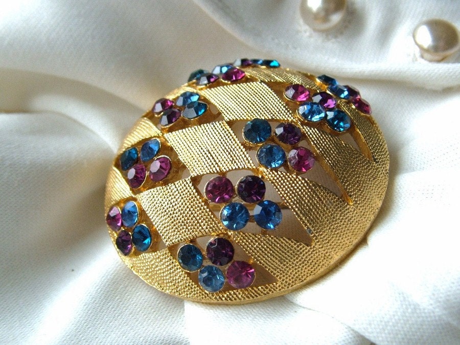1960s JJ Rhinestone Vintage Pin/ Big Dome / Jewel Tones / Jonette