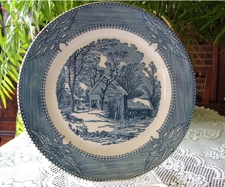 1960s Vintage Platter American Dinnerware Currier & Ives Tradition Country Winter Blue