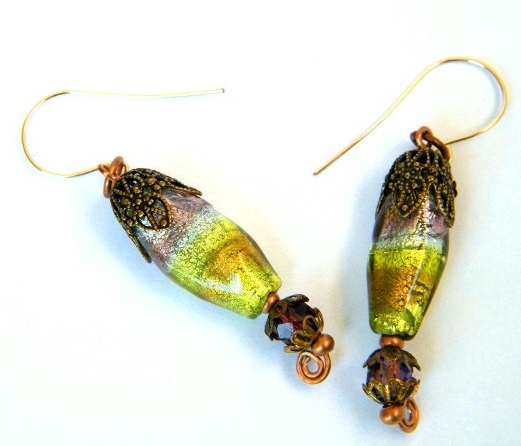 Lime Gold and Rose  Dangle Earrings