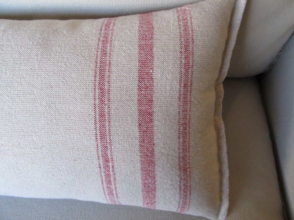 Red stripes grain sack 11x16 accent pillow