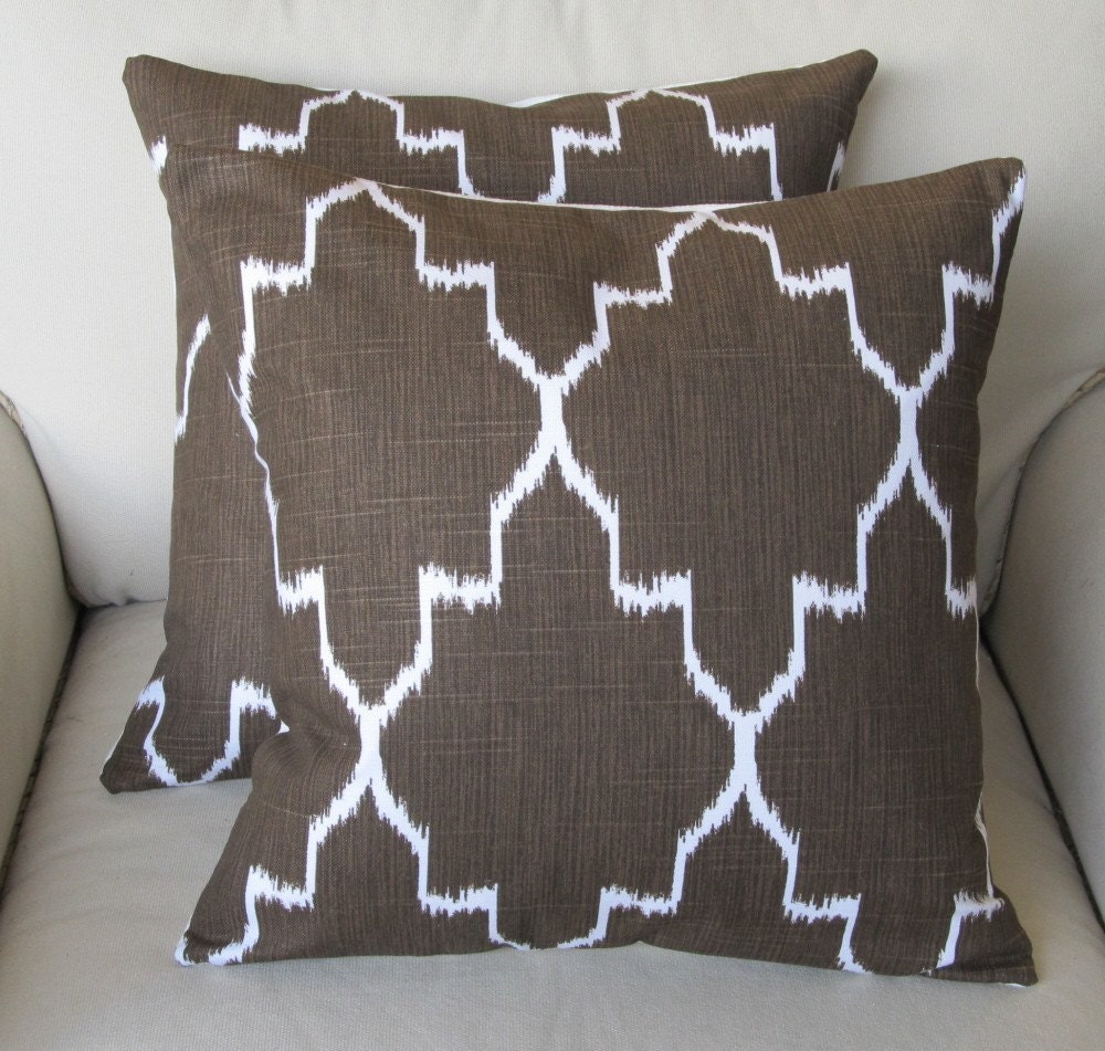 Ikat Coffee on White /two pillow covers 18x18 same fabric front and back