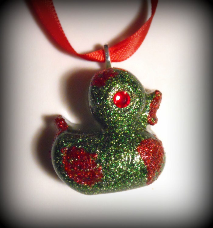 Zombie Rubber Duck Necklace, glitter resin and real Swarovski crystal eyes