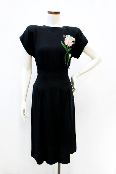 Vintage 1940s Elaborate Sequin Flower Black Crepe Dress