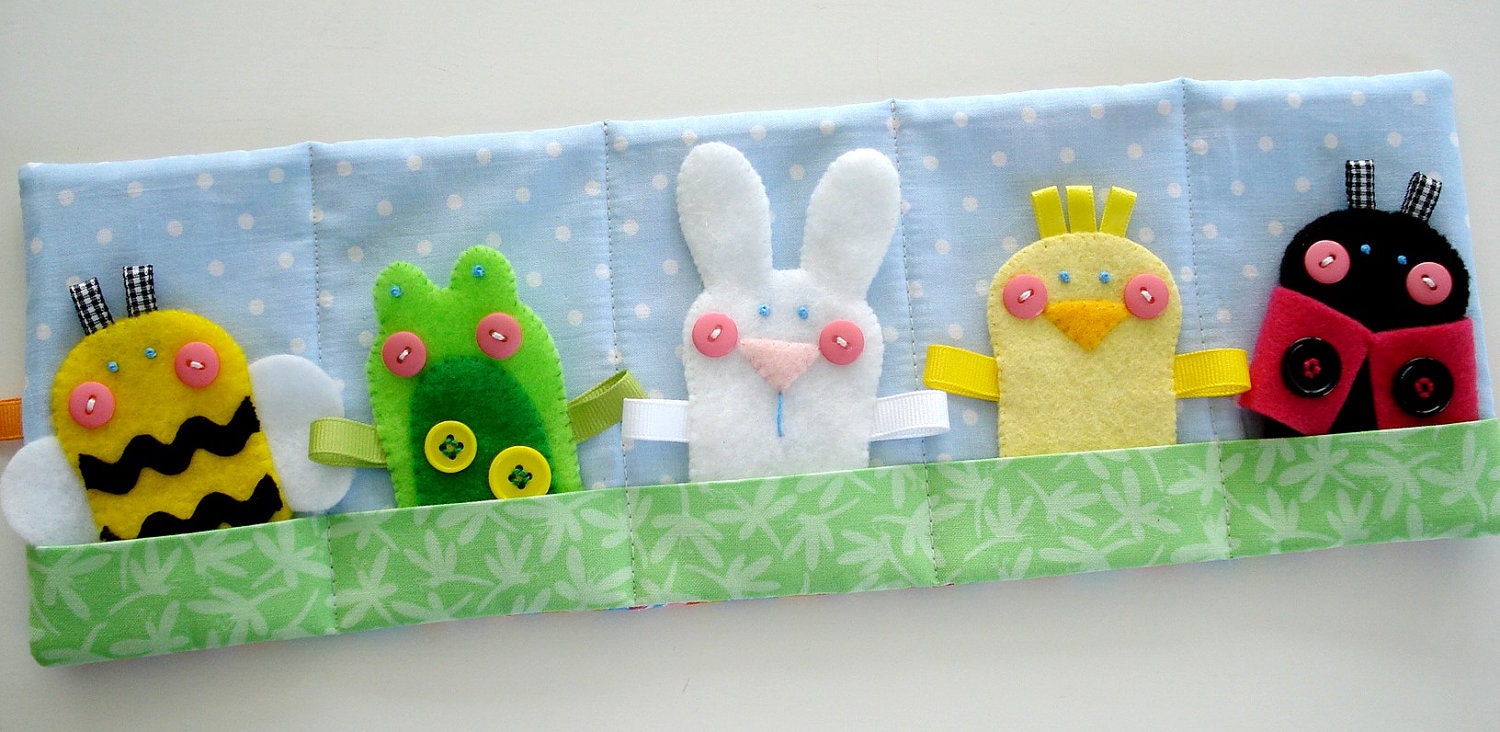 Spring Felt Finger Puppets Sewing Pattern - PDF ePATTERN for Chick, Bunny, Bumble Bee, Ladybug, Frog & Carrying Case