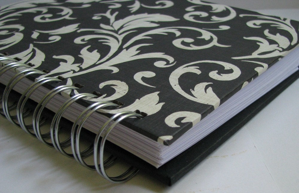 Address Book Includes Replacement Labels with White on Black  Damask Cover