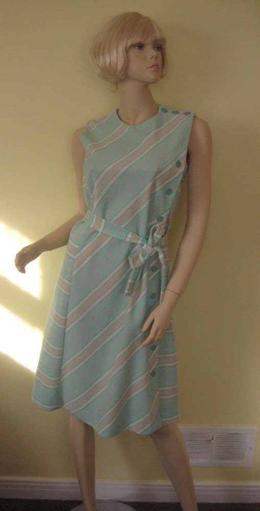 70's polyester buttony stripe dress  MED.