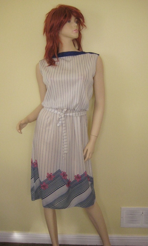 80s Sundress Breezy Cool Boatneck in White and Blue MED