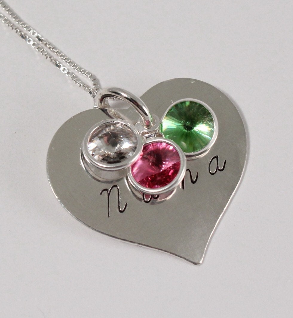 Mother's Day Gift - Personalized Sterling Silver Heart Necklace - Swarovski Crystal Birthstones - Custom Hand Stamped Gift