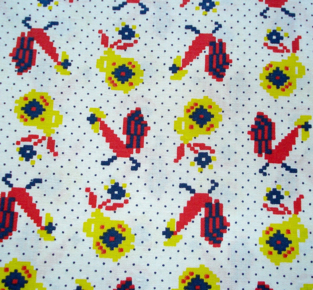 Vintage Cotton Fabric - Kitchen Kitsch - Roosters and Vases on Polka Dot Pattern