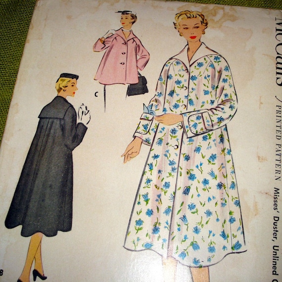 1954 Vintage Sewing Pattern Duster Coat Jacket by SelvedgeShop