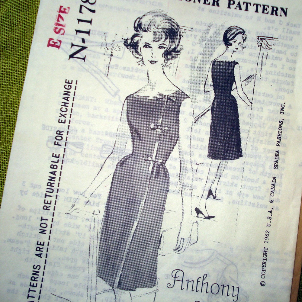 1962 Vintage Sewing Pattern - Sheath DRESS - Anthony Blotta - Spadea Designer Pattern N 1178