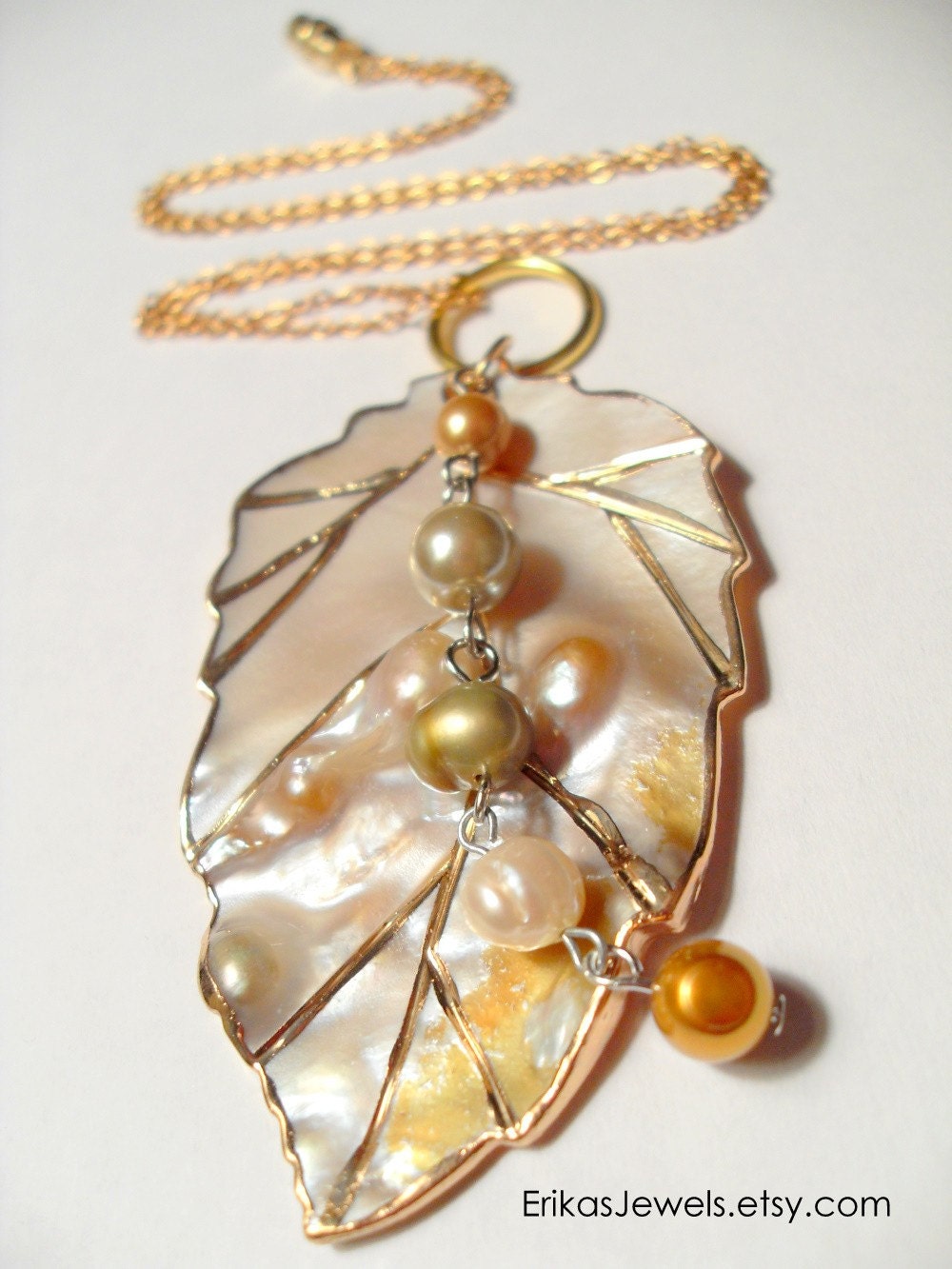 RESERVED for Elizabeth Gamba only -- Leaf and Pearls Necklace - Freshwater Pearls and Shell --