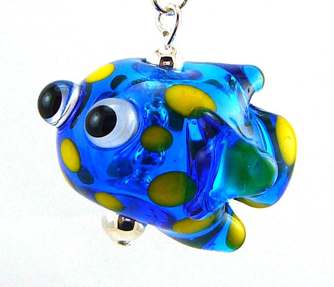 Spotted Blue Fish Hollow Lampworked Glass Bead Necklace