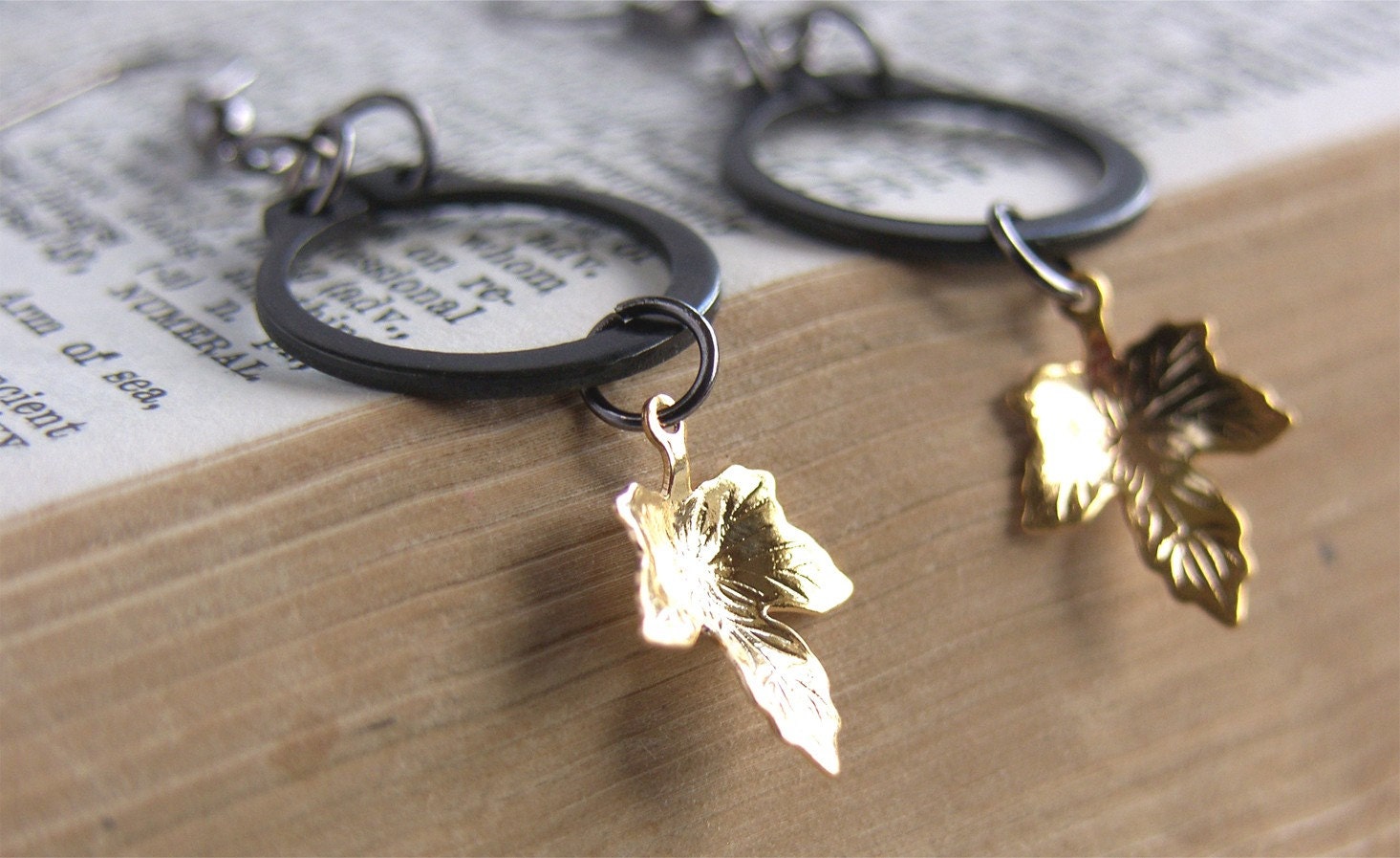 Hoop and Leaf Charm Earrings - 'Black and Gold'