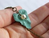 Elegant Verdigris Patina Leaf & Pearl Necklace - 'Fay'