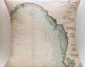 Ready to Ship GULF COAST, FL Vintage Nautical Chart Pillow, 18 x 18 Cover
