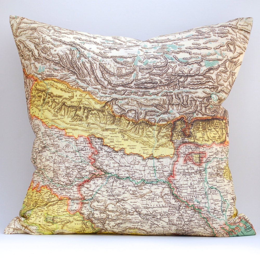 vintage NEPAL BHUTAN map pillow DIY Kit, made to order, 16x16 envelope-style
