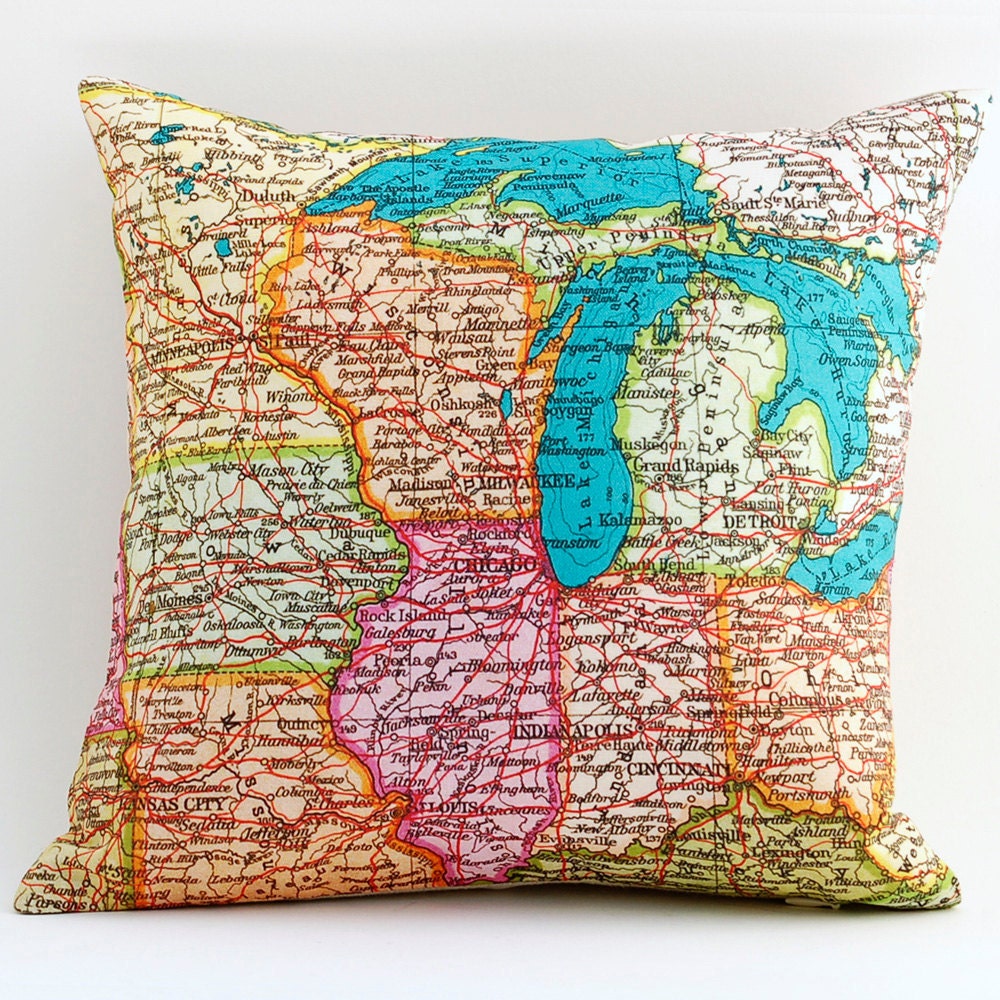 Vintage MIDWEST & MI Map Pillow, Made to Order 12 x 12 Cover, Linen Blend
