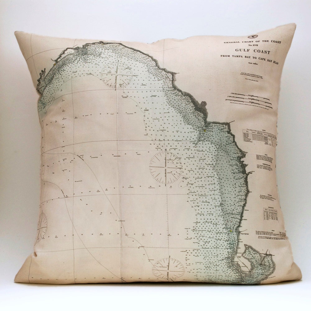 Vintage Nautical Chart Pillow GULF COAST, FL Made to Order 18 x 18 Cover, Linen Blend