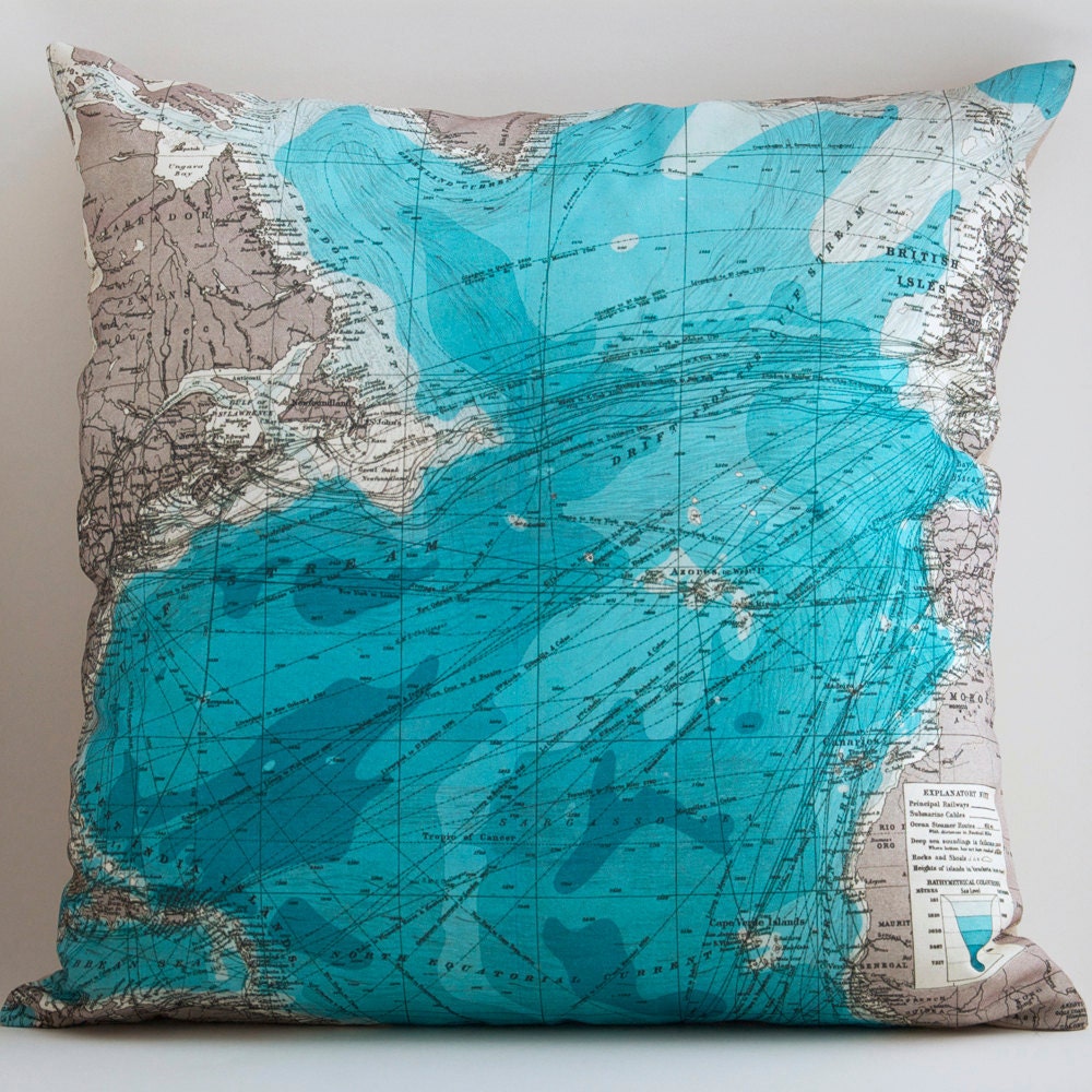 TRANSALANTIC Vintage Map Pillow, Made to Order 18 x 18 Cover