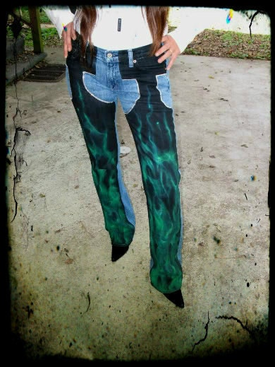 Size-30 US-6/7 Airbrushed Green  Fire Swarovski crystal jeans