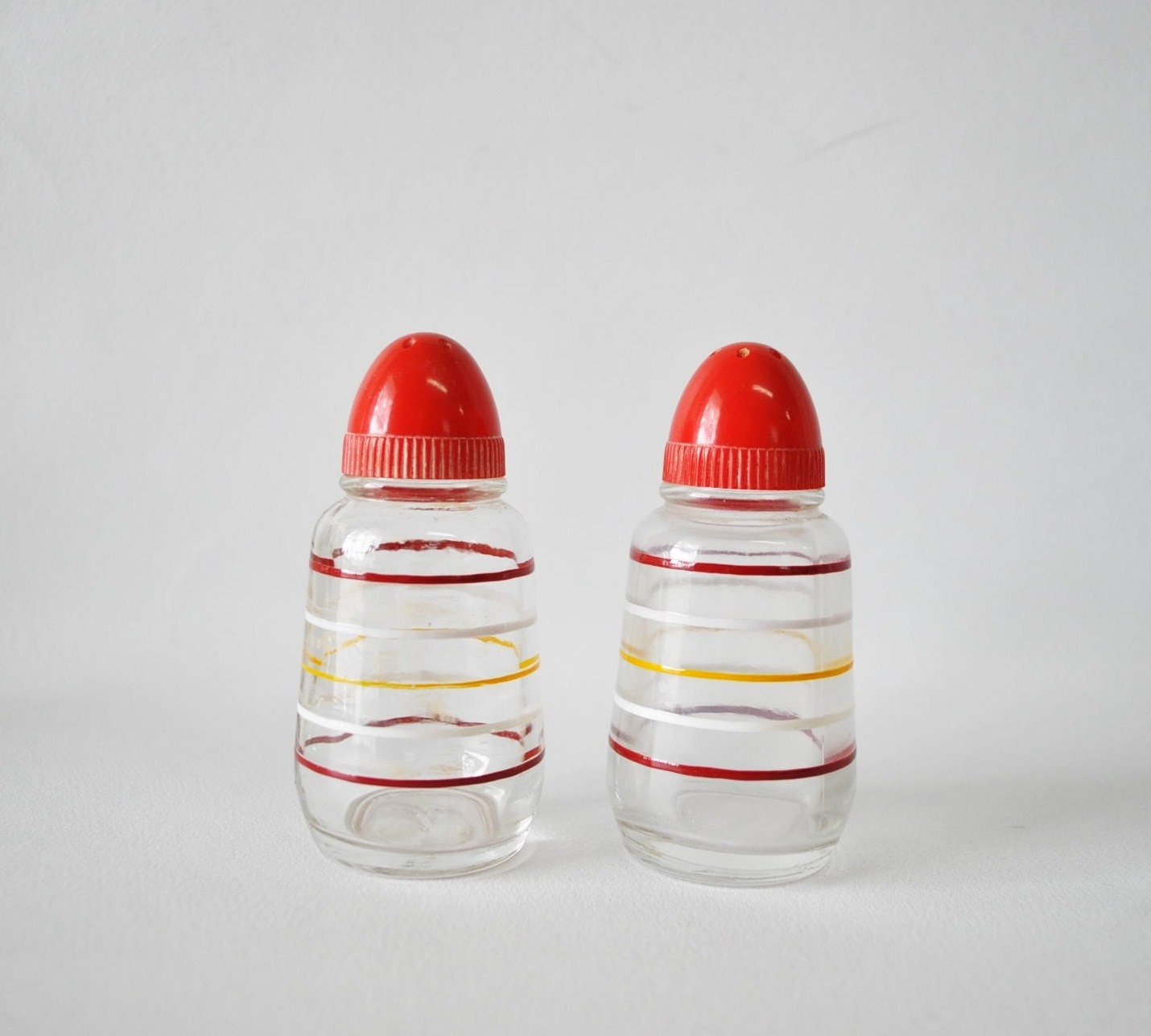 Anchor Hocking Salt and Pepper Shakers-Red Yellow Striped Retro Set