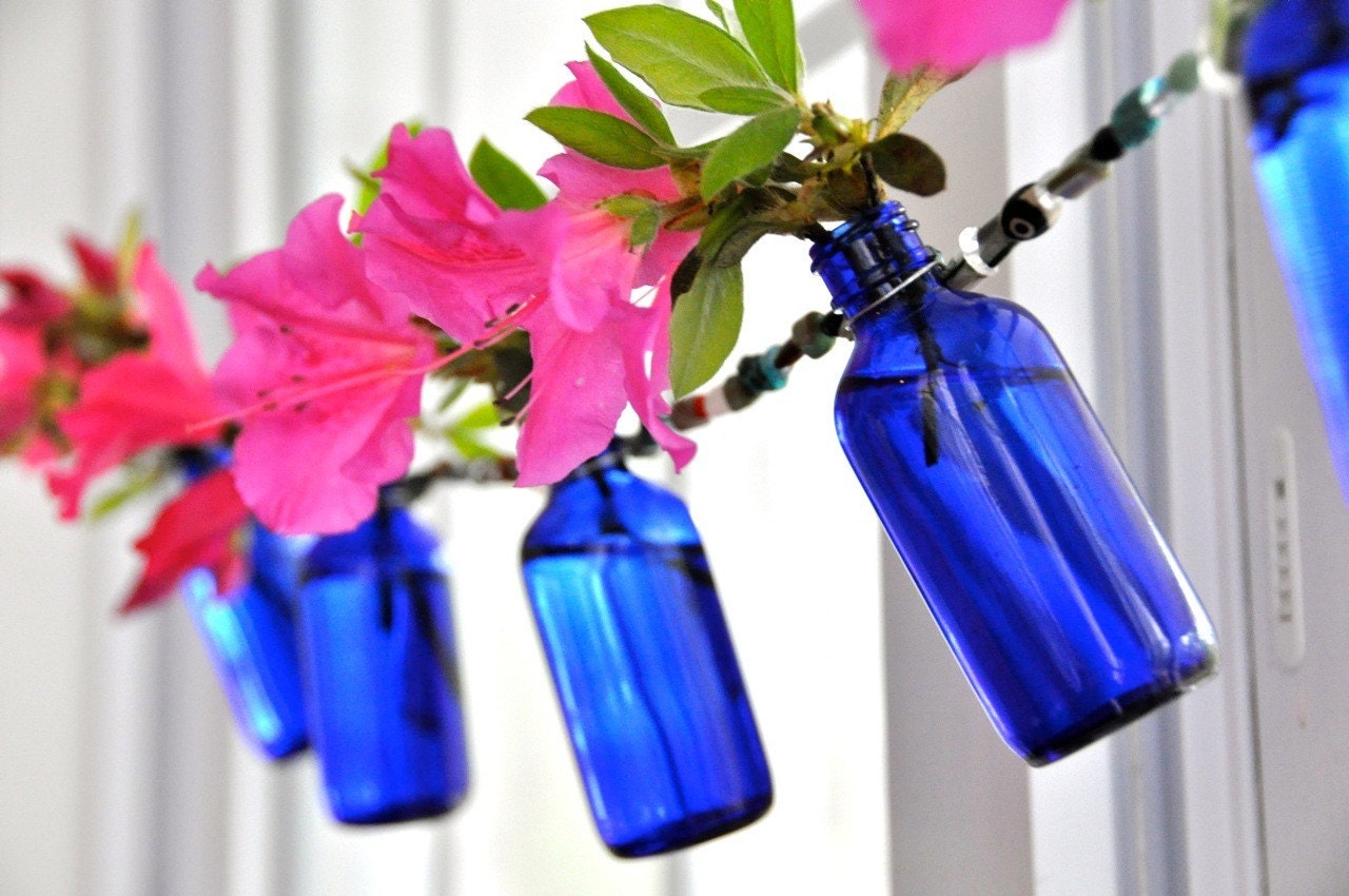 Beaded bottle vase garland, five bottle garland in cobalt or amber glass