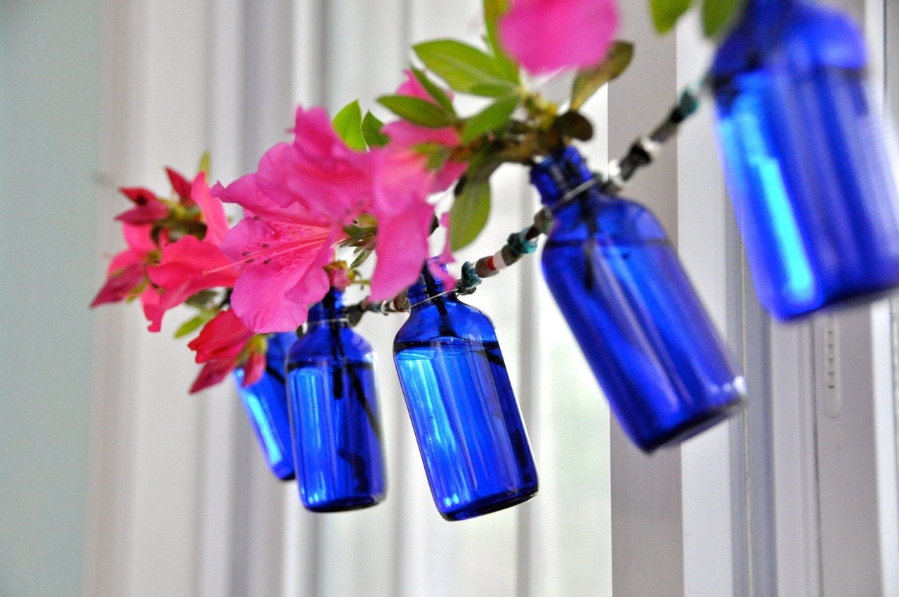 Beaded bottle vase garland, five bottle garland in cobalt or amber glass