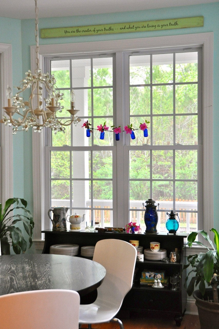 Beaded bottle vase garland, five bottle garland in cobalt or amber glass