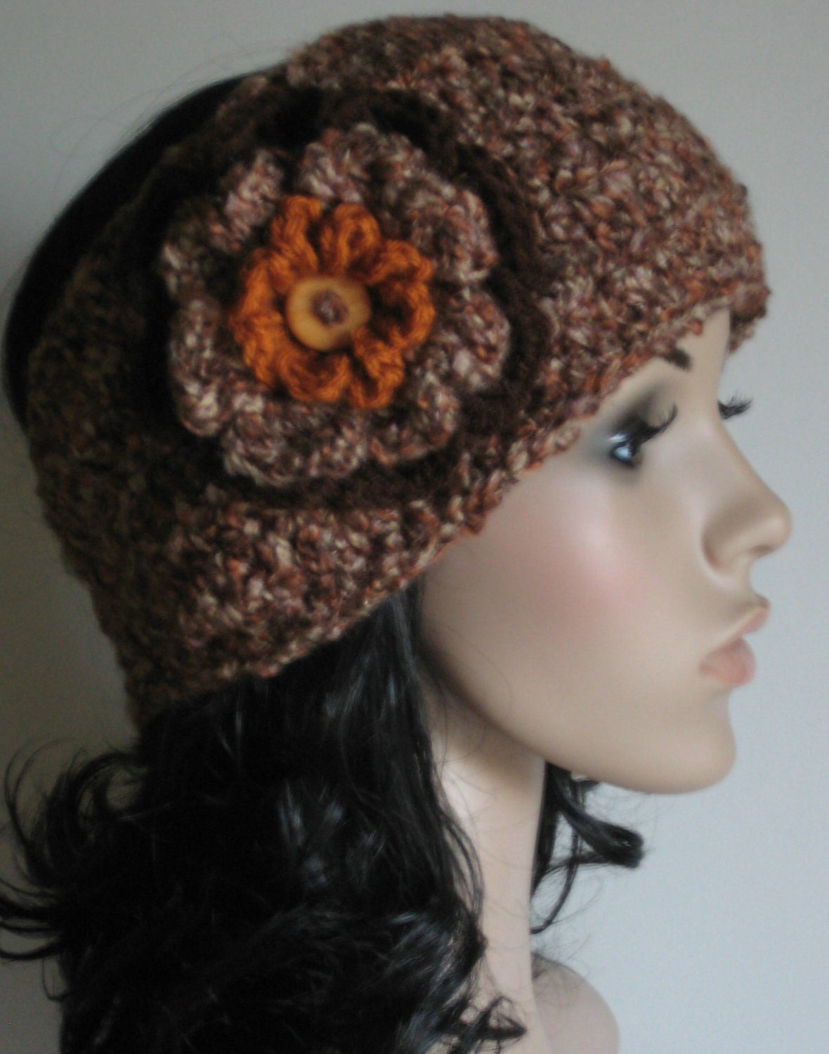 Women's Crochet Ear Warmer Earwarmer Headband with Detachable Flower Trim - Regal Earth, Rust and Coffee Brown