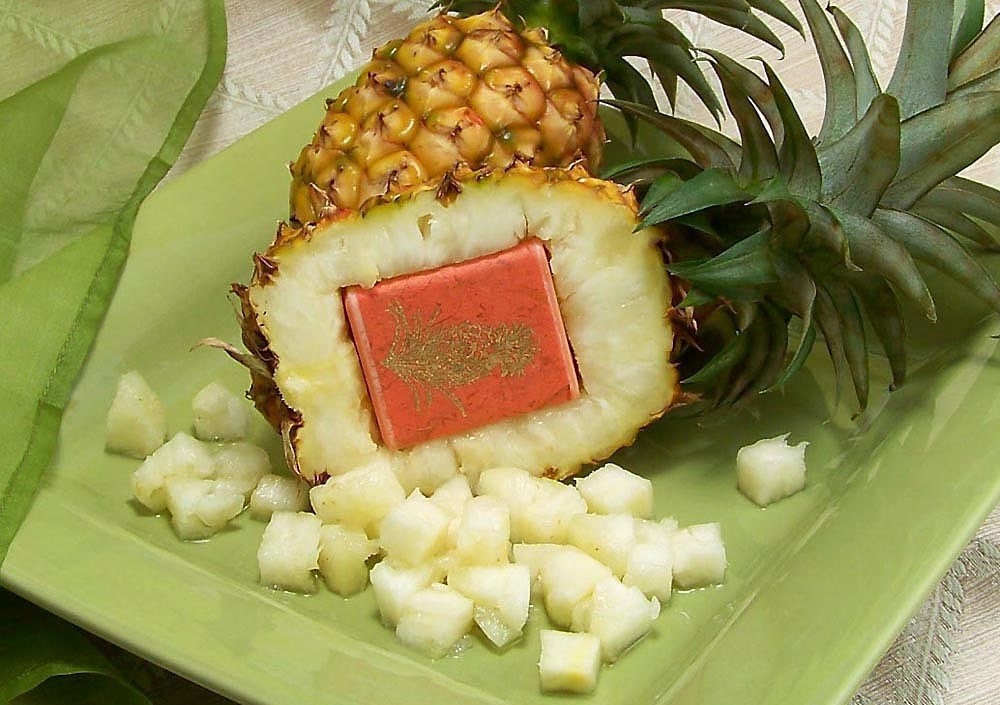 Pineapple Candle Orange Soy Votive Hawaiian Candle Favor Hand Stamped Gold Embossed on Handmade Paper Gift Box Made in Hawaii