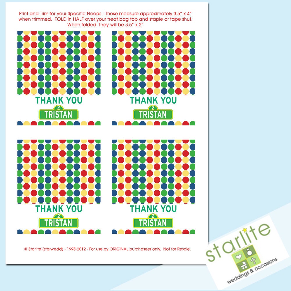 sesame street birthday party Treat Bag Toppers- Favors - Printable - Primary Colors