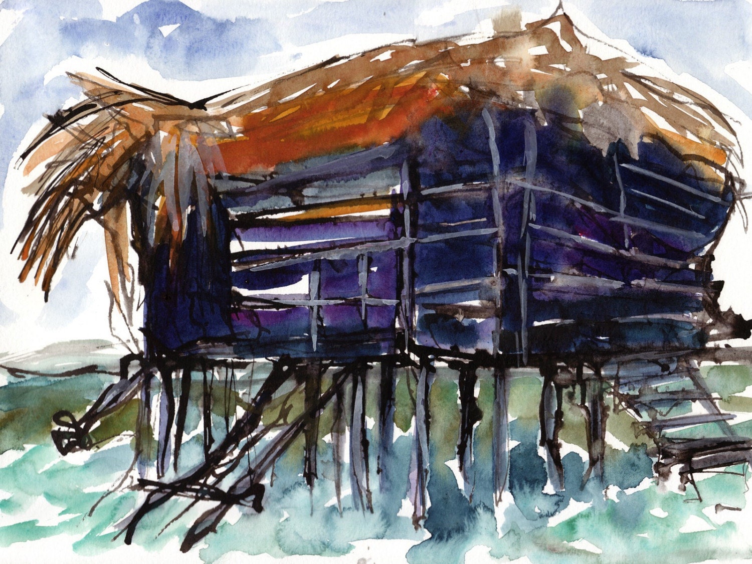 Items similar to Art Watercolor Painting Tropical Bar on Stilts